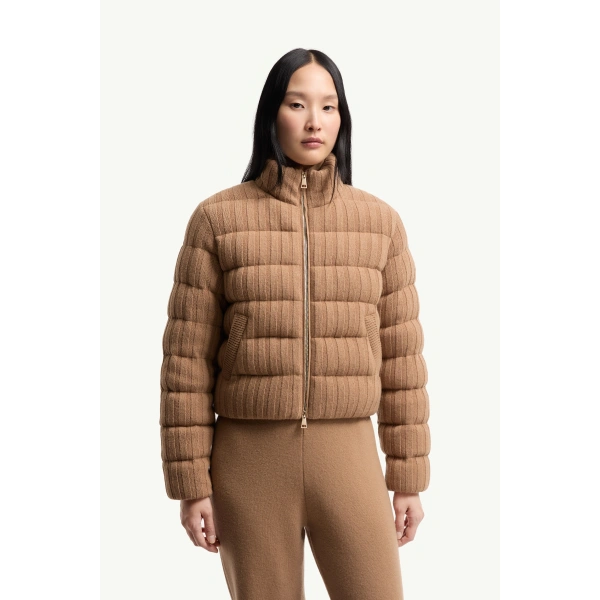 Moncler Wool & Cashmere Blend Padded Cardigan in Camel Beige, view 4 | Women's Cardigans | Coveti