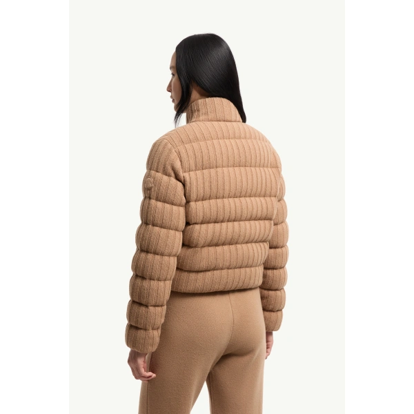 Moncler Wool & Cashmere Blend Padded Cardigan in Camel Beige, view 5 | Women's Cardigans | Coveti