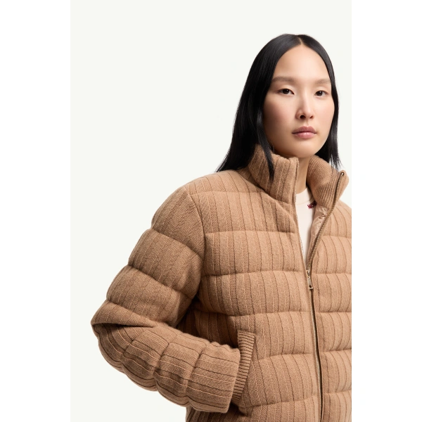 Moncler Wool & Cashmere Blend Padded Cardigan in Camel Beige, view 6 | Women's Cardigans | Coveti