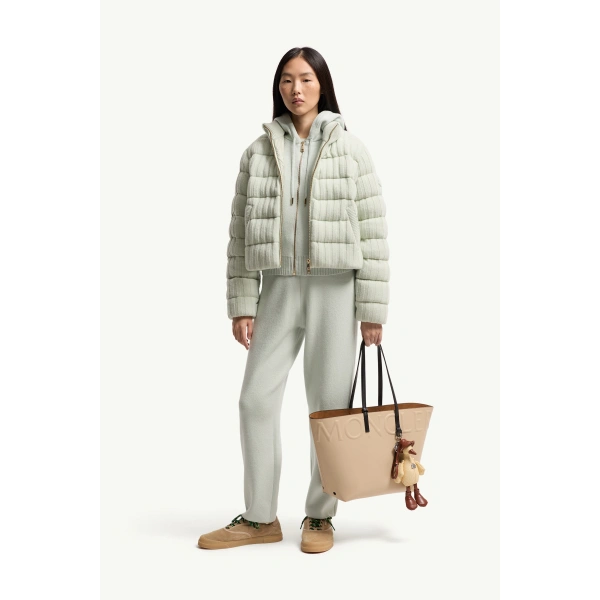 Moncler Wool & Cashmere Blend Padded Cardigan in Light Green, view 2 | Women's Cardigans | Coveti