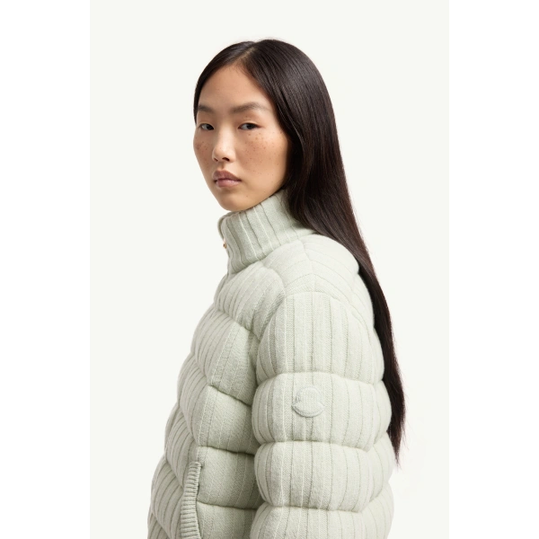 Moncler Wool & Cashmere Blend Padded Cardigan in Light Green, view 3 | Women's Cardigans | Coveti