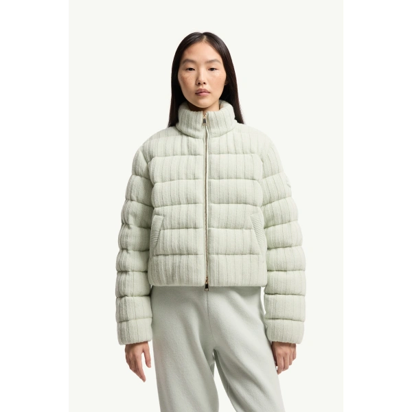 Moncler Wool & Cashmere Blend Padded Cardigan in Light Green, view 4 | Women's Cardigans | Coveti
