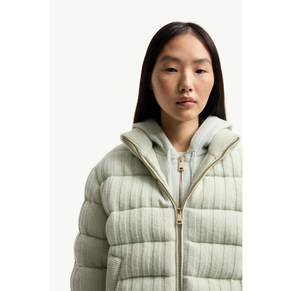 Moncler Wool & Cashmere Blend Padded Cardigan in Light Green, view 6 | Women's Cardigans | Coveti