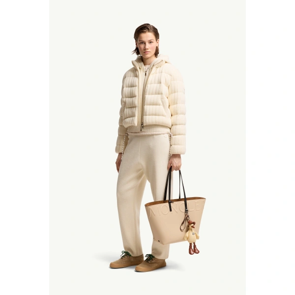 Moncler Wool & Cashmere Blend Padded Cardigan in White Ivory, view 2 | Women's Cardigans | Coveti