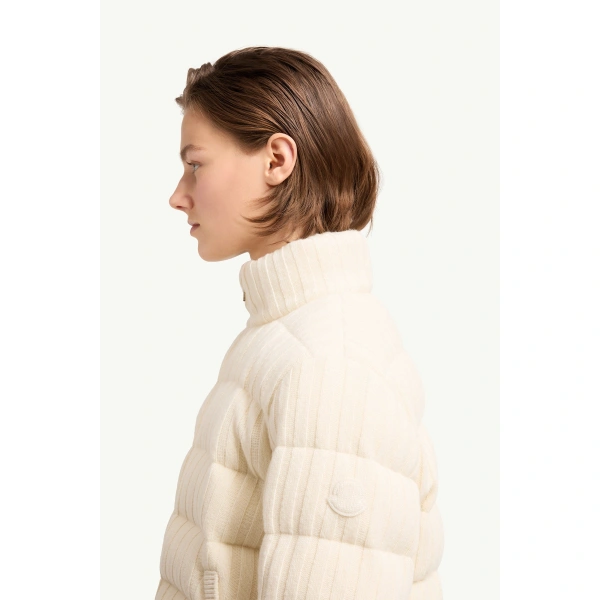 Moncler Wool & Cashmere Blend Padded Cardigan in White Ivory, view 3 | Women's Cardigans | Coveti