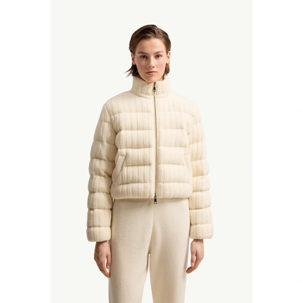 Moncler Wool & Cashmere Blend Padded Cardigan in White Ivory, view 4 | Women's Cardigans | Coveti