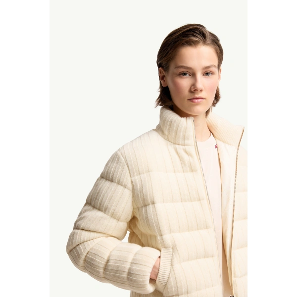 Moncler Wool & Cashmere Blend Padded Cardigan in White Ivory, view 6 | Women's Cardigans | Coveti