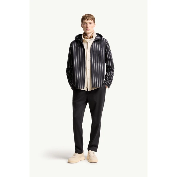Moncler Wool & Cotton Striped Hooded Shirt Jacket in Blue & White, view 2 | Men's Jackets | Coveti