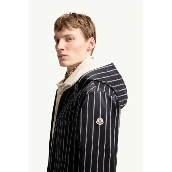 Moncler Wool & Cotton Striped Hooded Shirt Jacket in Blue & White, view 3 | Men's Jackets | Coveti