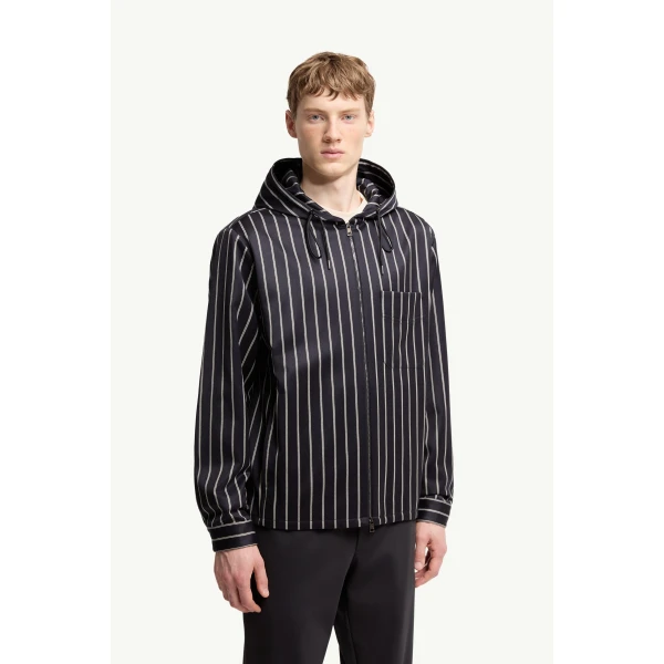 Moncler Wool & Cotton Striped Hooded Shirt Jacket in Blue & White, view 4 | Men's Jackets | Coveti