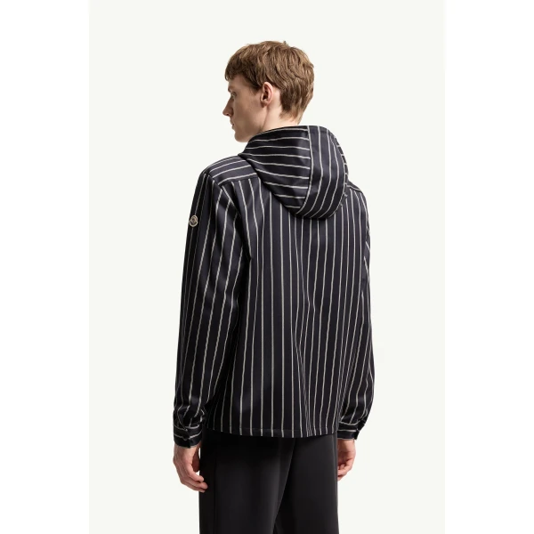 Moncler Wool & Cotton Striped Hooded Shirt Jacket in Blue & White, view 5 | Men's Jackets | Coveti
