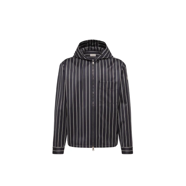 Moncler Wool & Cotton Striped Hooded Shirt Jacket in Blue & White | Men's Jackets | Coveti