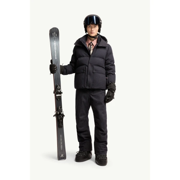 Moncler Wool Denim Ski Bib in Dark Blue, view 2 | Men's Skiwear | Coveti