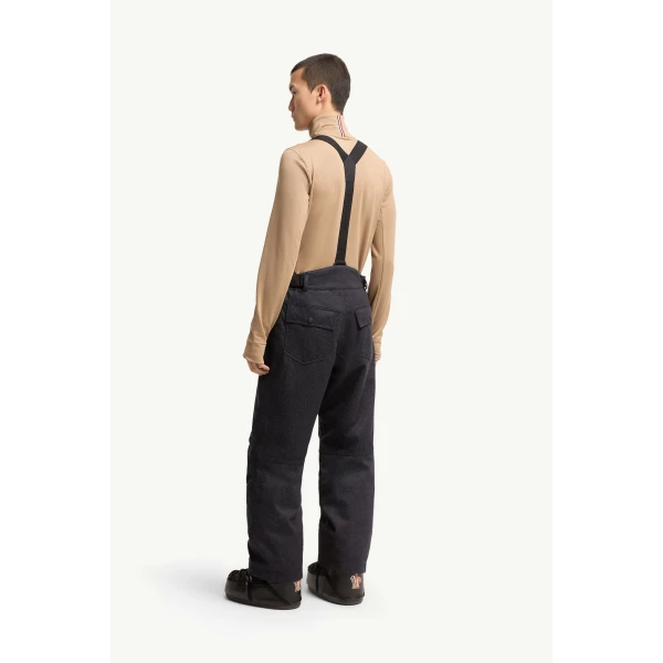 Moncler Wool Denim Ski Bib in Dark Blue, view 5 | Men's Skiwear | Coveti
