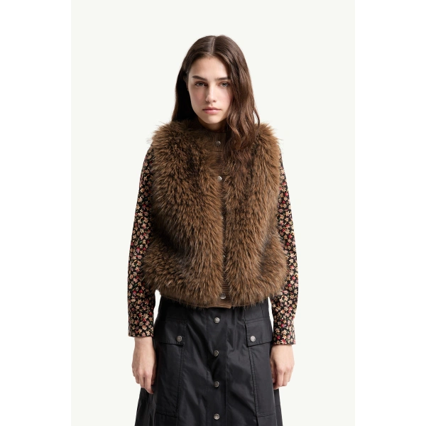 Moncler Wool Down Gilet in Camel Beige, view 4 | Women's Vests and Gilets | Coveti
