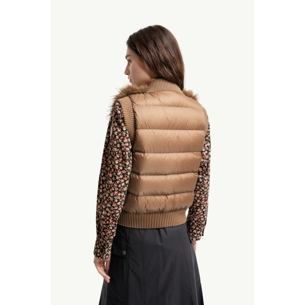 Moncler Wool Down Gilet in Camel Beige, view 5 | Women's Vests and Gilets | Coveti