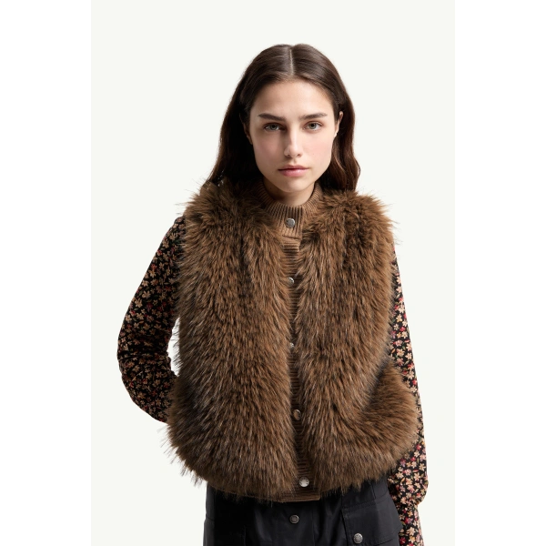 Moncler Wool Down Gilet in Camel Beige, view 6 | Women's Vests and Gilets | Coveti
