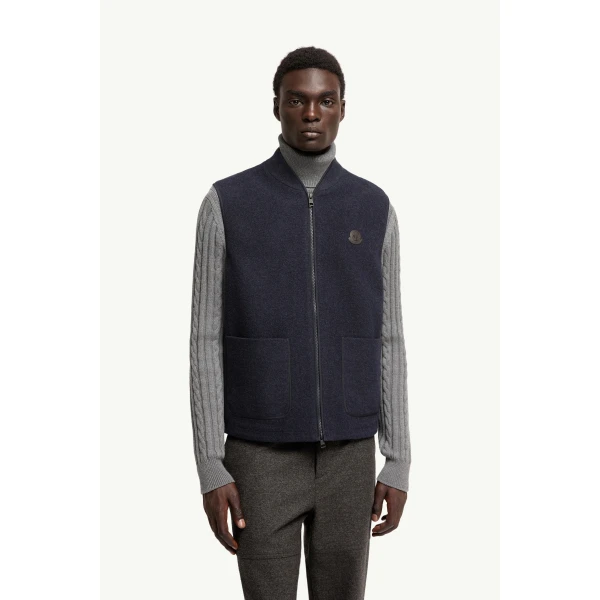 Moncler Wool Zip-Up Gilet in Navy Blue, view 4 | Men's Jackets | Coveti