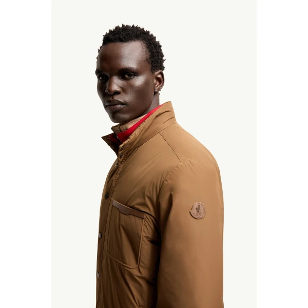 Moncler Yndale Short Down Jacket in Light Brown, view 3 | Men's Jackets | Coveti