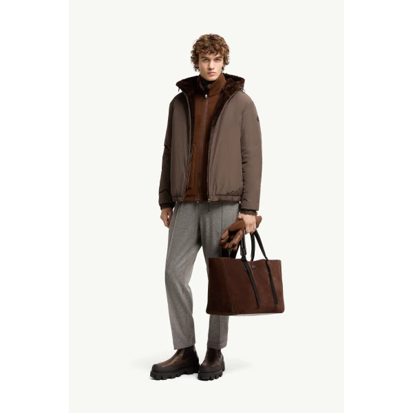 Moncler Zambood Hooded Short Down Jacket in Brown, view 2 | Men's Jackets | Coveti