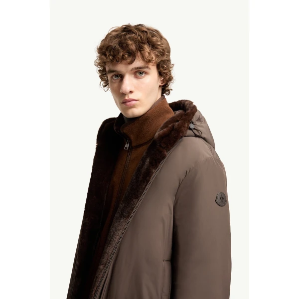 Moncler Zambood Hooded Short Down Jacket in Brown, view 3 | Men's Jackets | Coveti