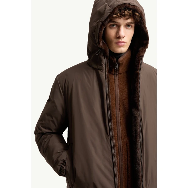 Moncler Zambood Hooded Short Down Jacket in Brown, view 6 | Men's Jackets | Coveti