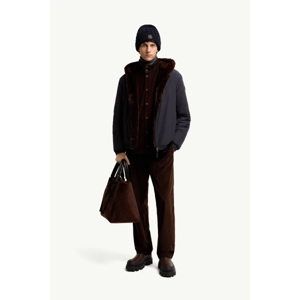 Moncler Zambood Hooded Short Down Jacket in Navy Blue, view 2 | Men's Jackets | Coveti