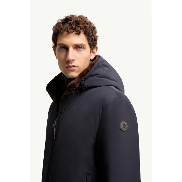 Moncler Zambood Hooded Short Down Jacket in Navy Blue, view 3 | Men's Jackets | Coveti