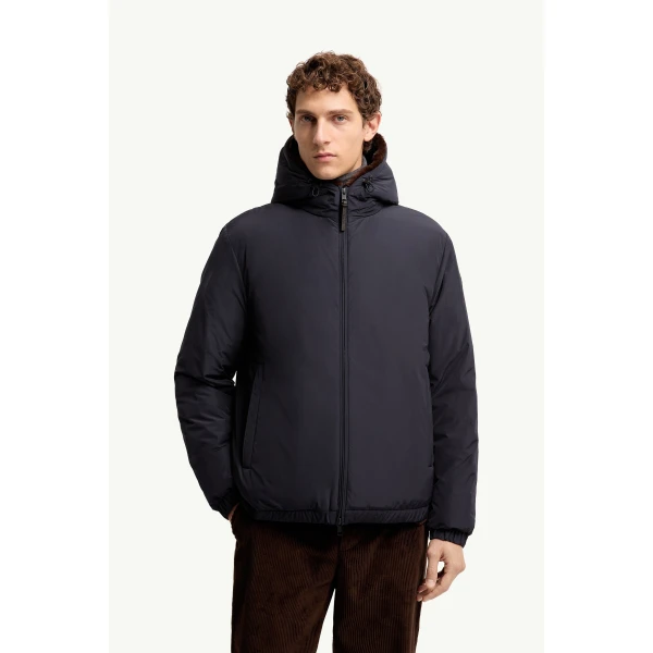 Moncler Zambood Hooded Short Down Jacket in Navy Blue, view 4 | Men's Jackets | Coveti