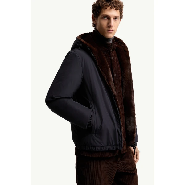 Moncler Zambood Hooded Short Down Jacket in Navy Blue, view 6 | Men's Jackets | Coveti