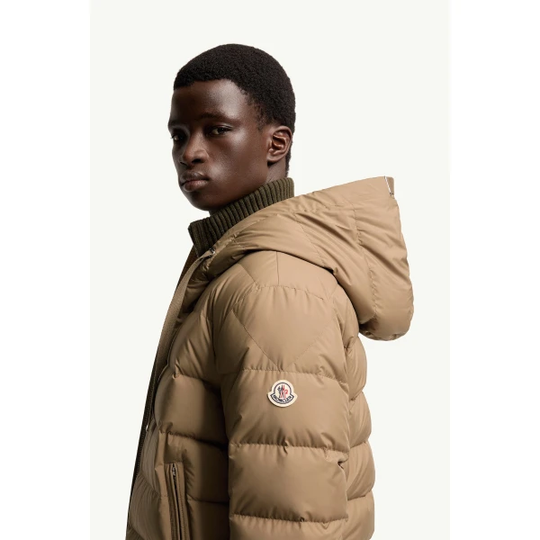 Moncler Zeflor Hooded Down Jacket in Camel Beige, view 3 | Men's Jackets | Coveti