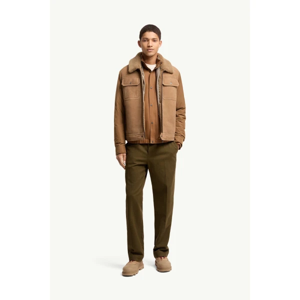 Moncler Zerique Shearling & Suede Short Down Jacket in Camel Beige, view 2 | Men's Jackets | Coveti