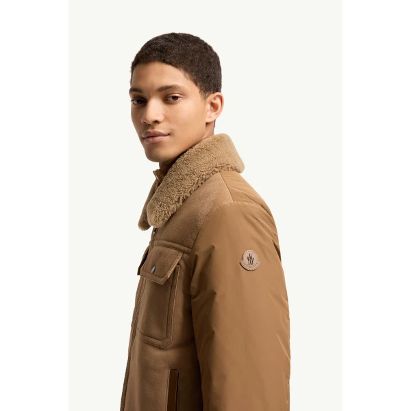 Moncler Zerique Shearling & Suede Short Down Jacket in Camel Beige, view 3 | Men's Jackets | Coveti