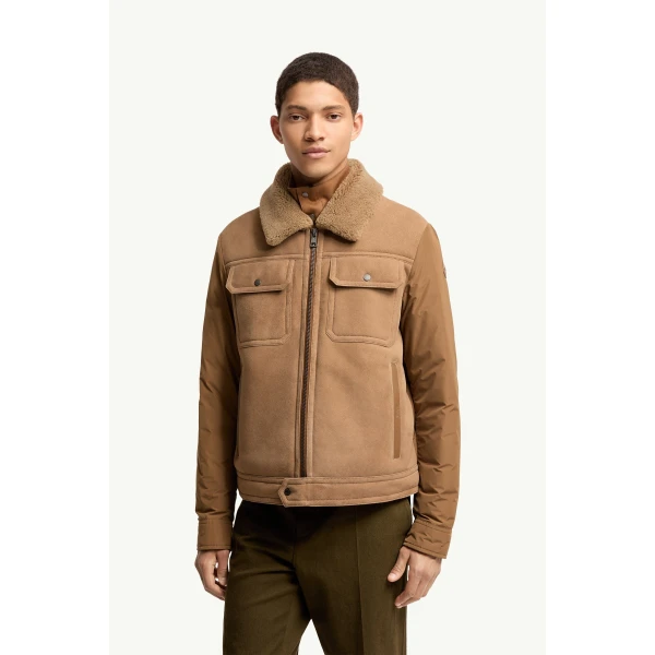 Moncler Zerique Shearling & Suede Short Down Jacket in Camel Beige, view 4 | Men's Jackets | Coveti