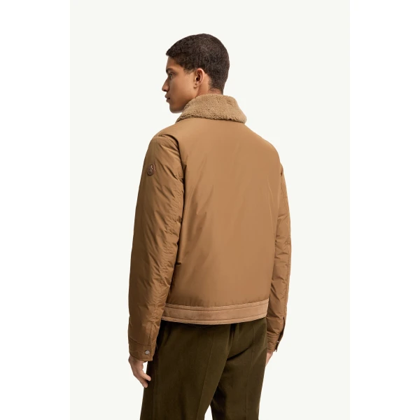 Moncler Zerique Shearling & Suede Short Down Jacket in Camel Beige, view 5 | Men's Jackets | Coveti