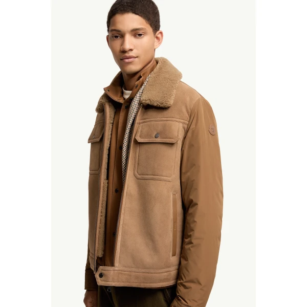 Moncler Zerique Shearling & Suede Short Down Jacket in Camel Beige, view 6 | Men's Jackets | Coveti