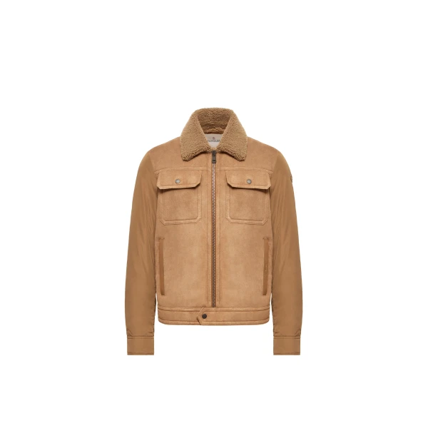 Moncler Zerique Shearling & Suede Short Down Jacket in Camel Beige | Men's Jackets | Coveti