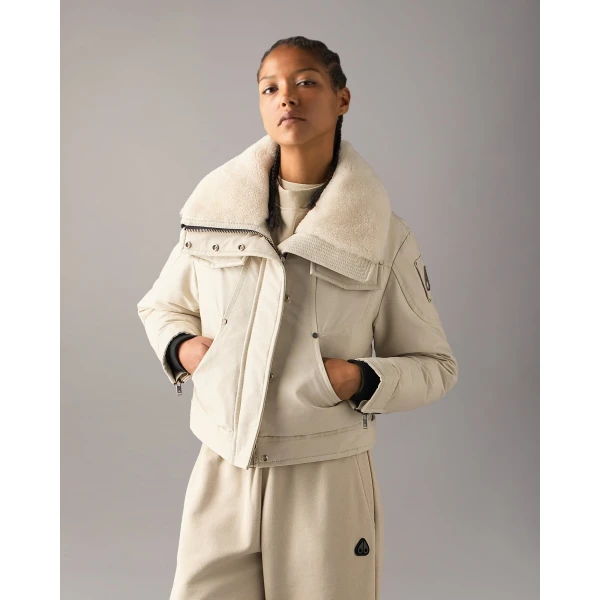 Moose Knuckles Aurora Down Trucker Jacket in Alabaster | Jackets | Coveti