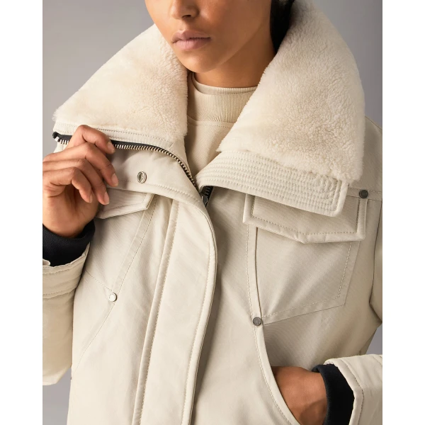 Moose Knuckles Aurora Down Trucker Jacket in Alabaster | Jackets | Coveti
