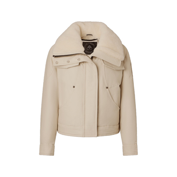 Moose Knuckles Aurora Down Trucker Jacket in Alabaster | Coveti