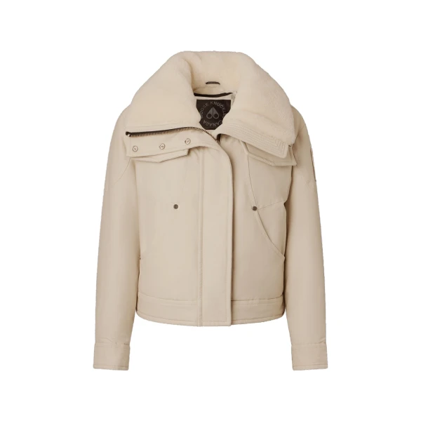 Moose Knuckles Aurora Down Trucker Jacket in Alabaster | Coveti