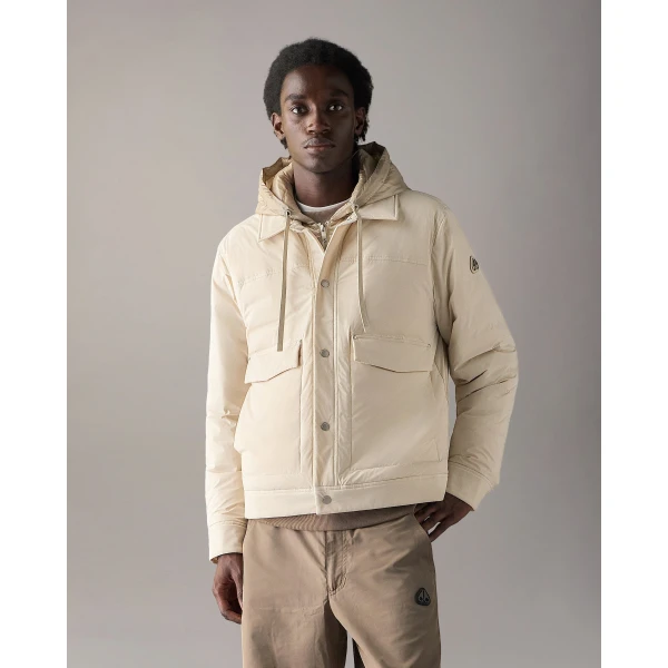 Moose Knuckles Brixton Down Trucker Jacket in Alabaster | Men Jackets | Coveti