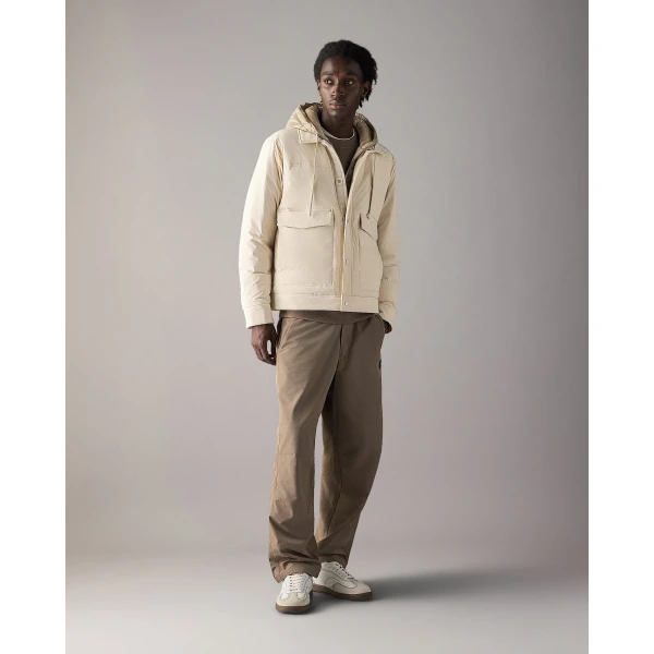 Moose Knuckles Brixton Down Trucker Jacket in Alabaster | Men Jackets | Coveti