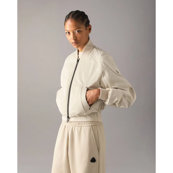Moose Knuckles Drift Satin Bomber Jacket in Alabaster | Jackets | Coveti