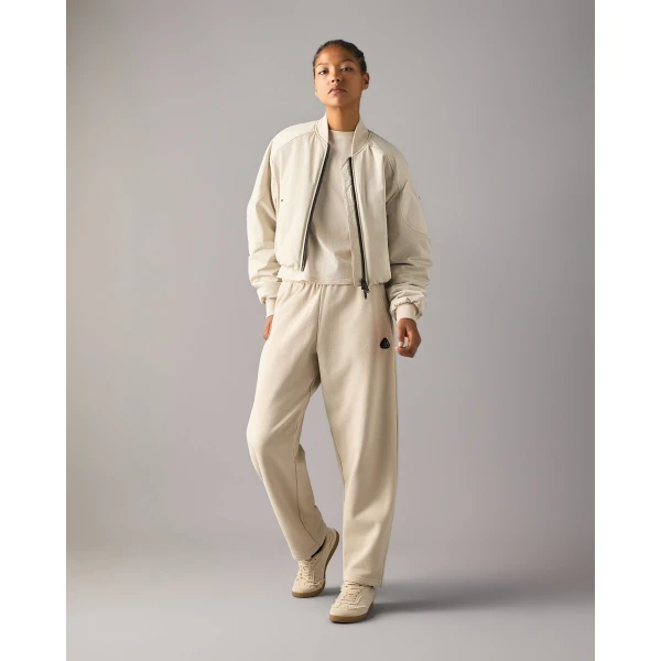 Moose Knuckles Drift Satin Bomber Jacket in Alabaster | Jackets | Coveti