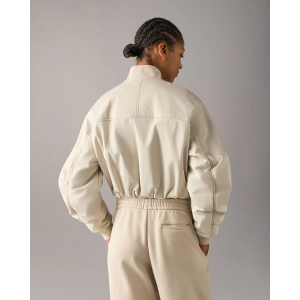 Moose Knuckles Drift Satin Bomber Jacket in Alabaster | Jackets | Coveti