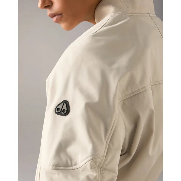 Moose Knuckles Drift Satin Bomber Jacket in Alabaster | Jackets | Coveti