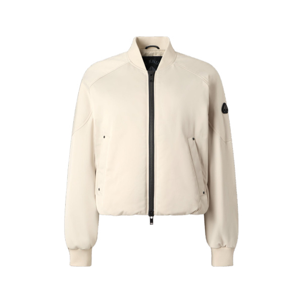 Moose Knuckles Drift Satin Bomber Jacket in Alabaster | Coveti