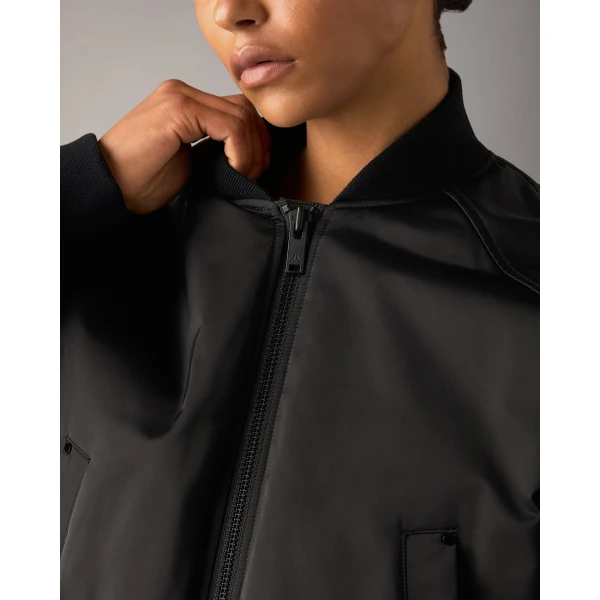 Moose Knuckles Drift Satin Bomber Jacket in Black | Jackets | Coveti