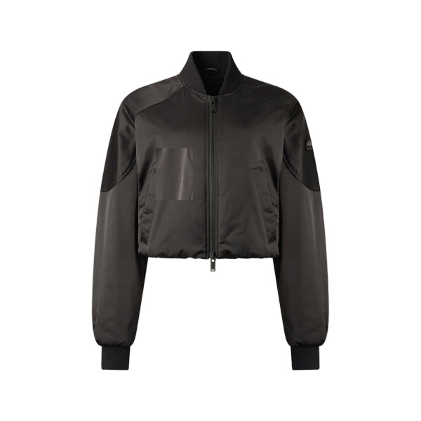 Moose Knuckles Drift Satin Bomber Jacket in Black | Coveti